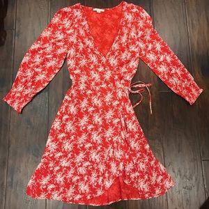 AE wrap dress in red and white floral
